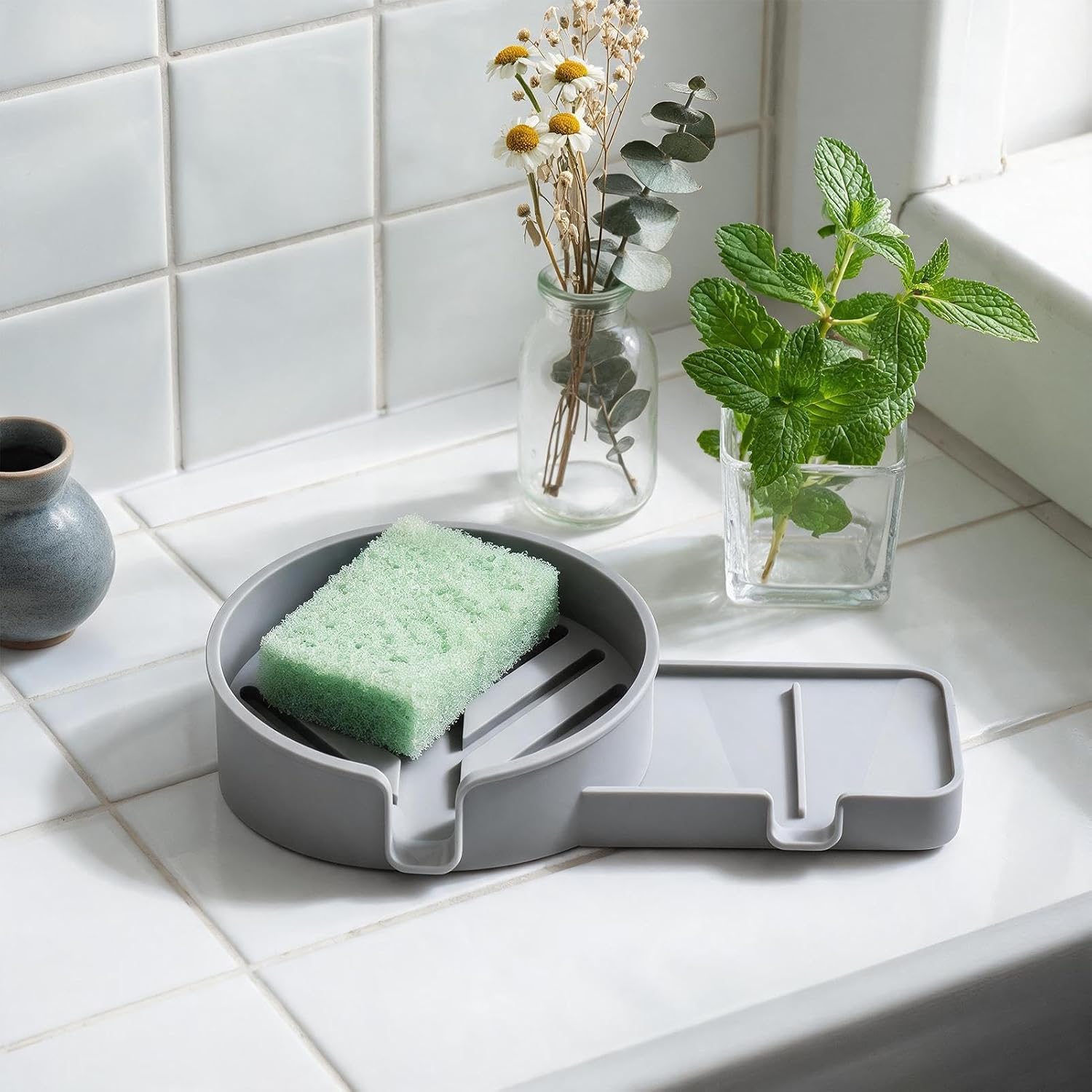 Sponge Holder for Sink Non-Slip Self-Draining Silicone Storage Tray | Kitchen Sink Dish Soap Holder for Utensil Drain Organizer Counter Cleaning Home Apartment Shower