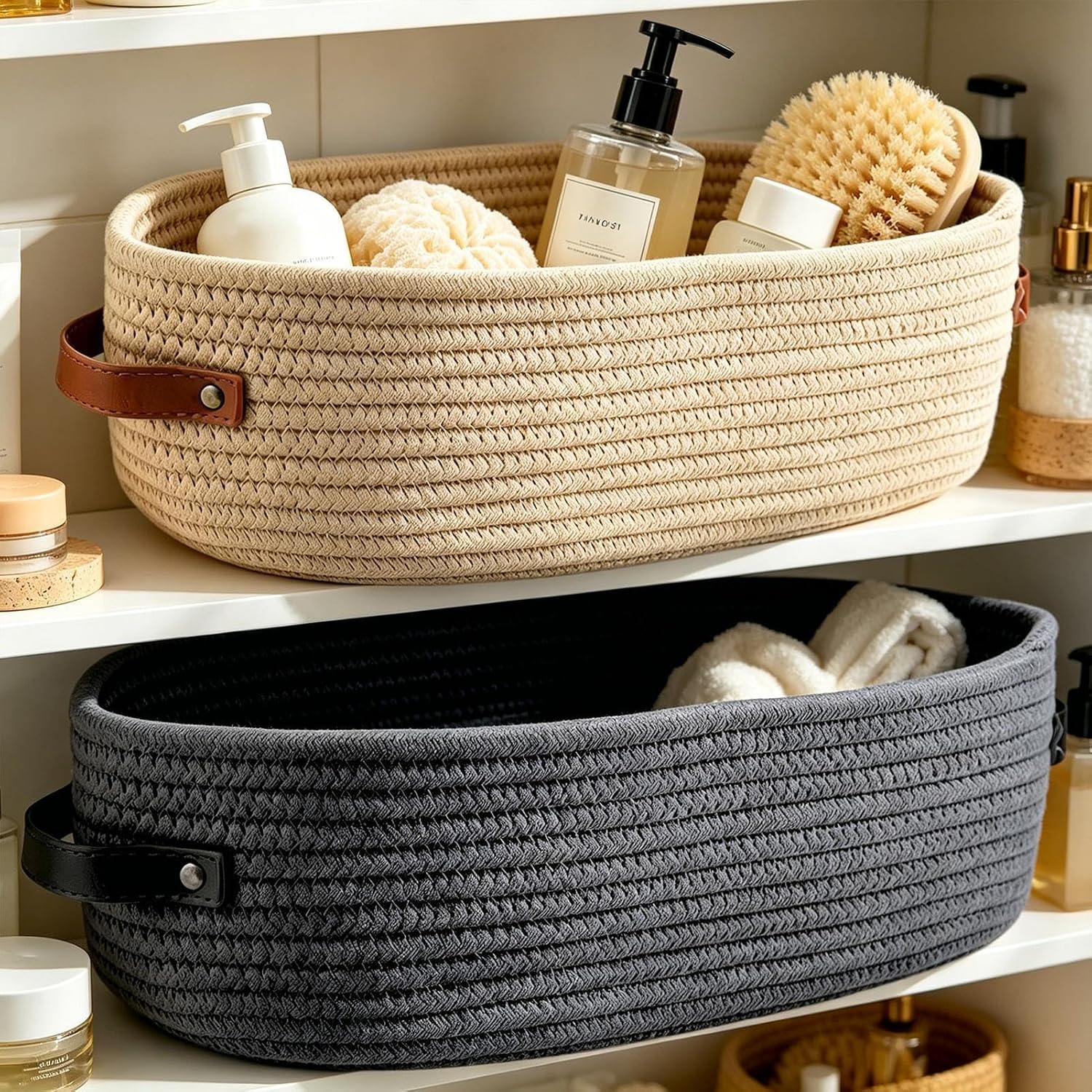 Woven Baskets for Storage - 2 Pieces Large Decorative Bins with Handles | Bathroom Storage Basket for Towels Paper Diapers Toys Home Nursery Bedroom Living Room Kitchen Shelves