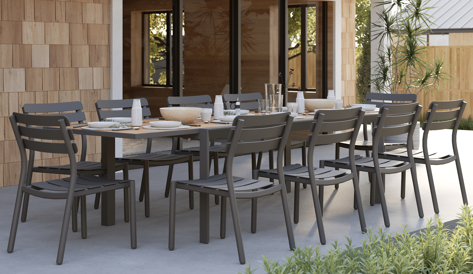 Teak + Aluminum Outdoor Expandable Dining Table + 10 595 Armless Chairs - Image 3