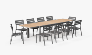 Teak + Aluminum Outdoor Expandable Dining Table + 10 595 Armless Chairs