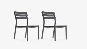 Set of two armless outdoor dining chairs with gray aluminum frame and slatted back design, front view