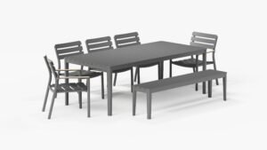 Aluminum Outdoor Rectangular Dining Table + 2 595 Armchairs + 3 595 Armless Chairs + Aluminum Dining Bench