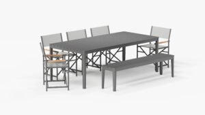 Aluminum Outdoor Rectangular Dining Table + 5 Aluminum Director's Chairs + Aluminum Dining Bench