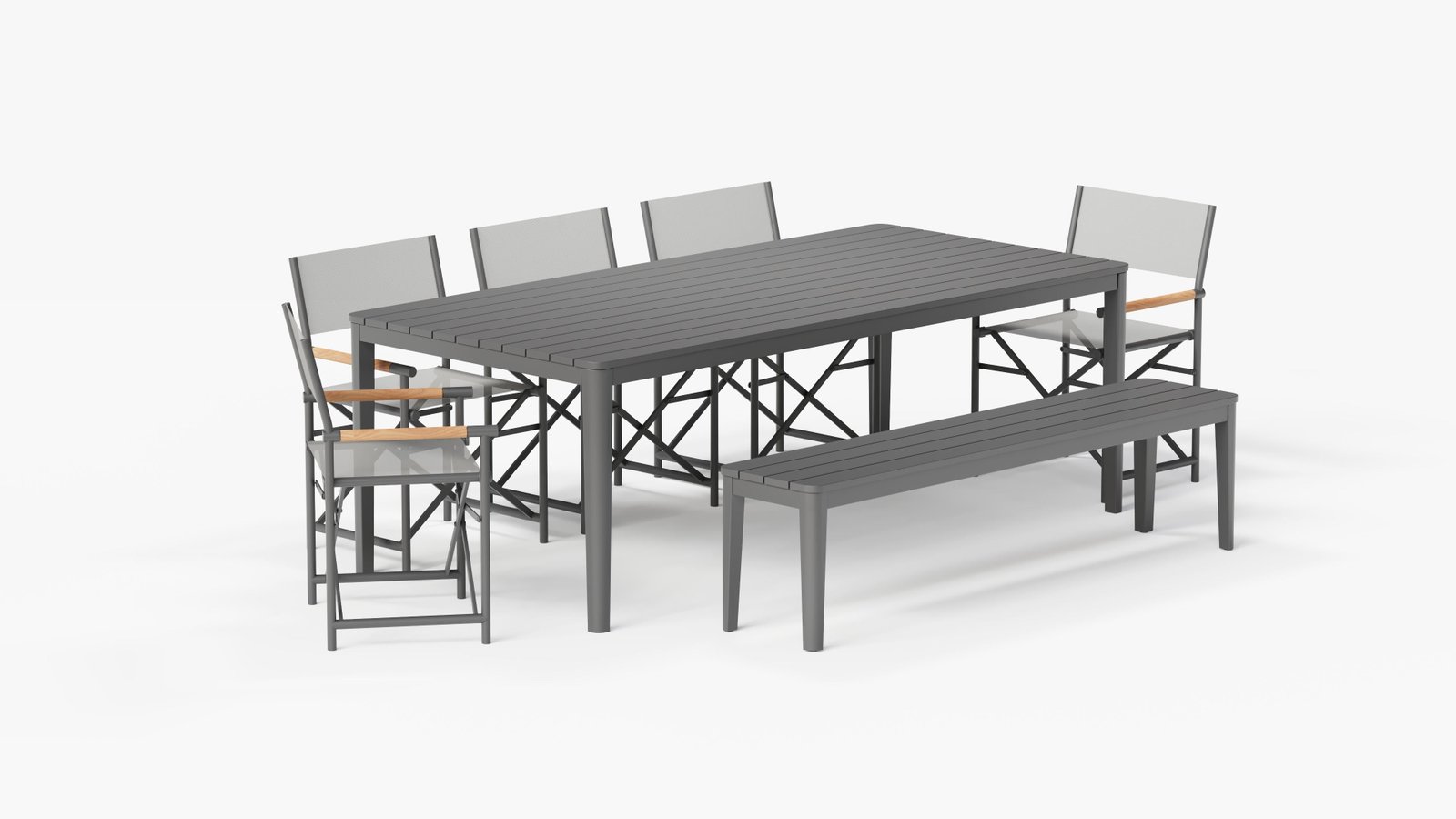 Aluminum Outdoor Rectangular Dining Table + 5 Aluminum Director's Chairs + Aluminum Dining Bench