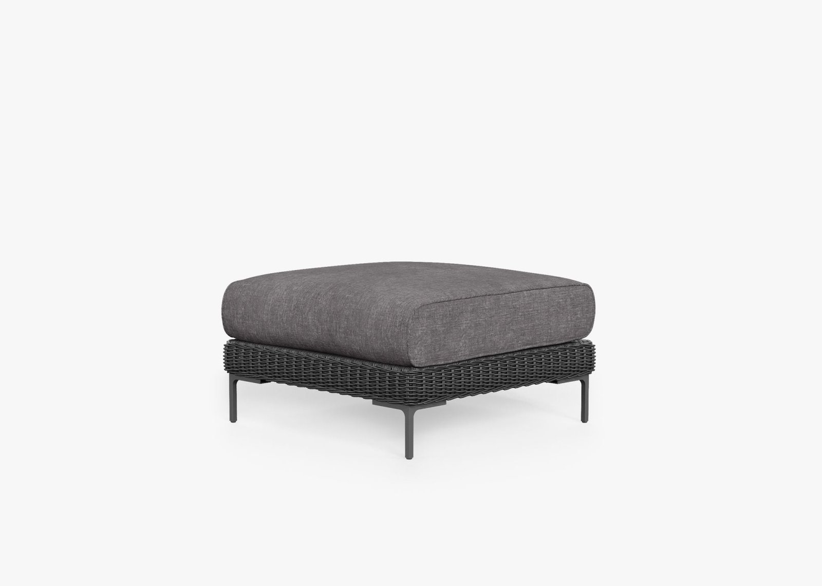 Black Wicker Outdoor Ottoman, front. Comfortable, durable, and weather resistant outdoor seating with memory foam. #color_dark pebble gray