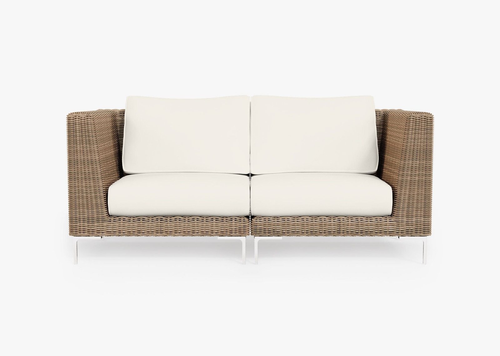 Brown Wicker Outdoor Loveseat, front. Comfortable, durable, and weather resistant outdoor seating with memory foam. #color_palisades cream