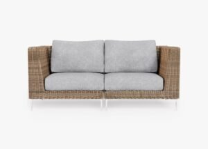 Brown Wicker Outdoor Loveseat, front. Comfortable, durable, and weather resistant outdoor seating with memory foam. #color_pacific fog gray