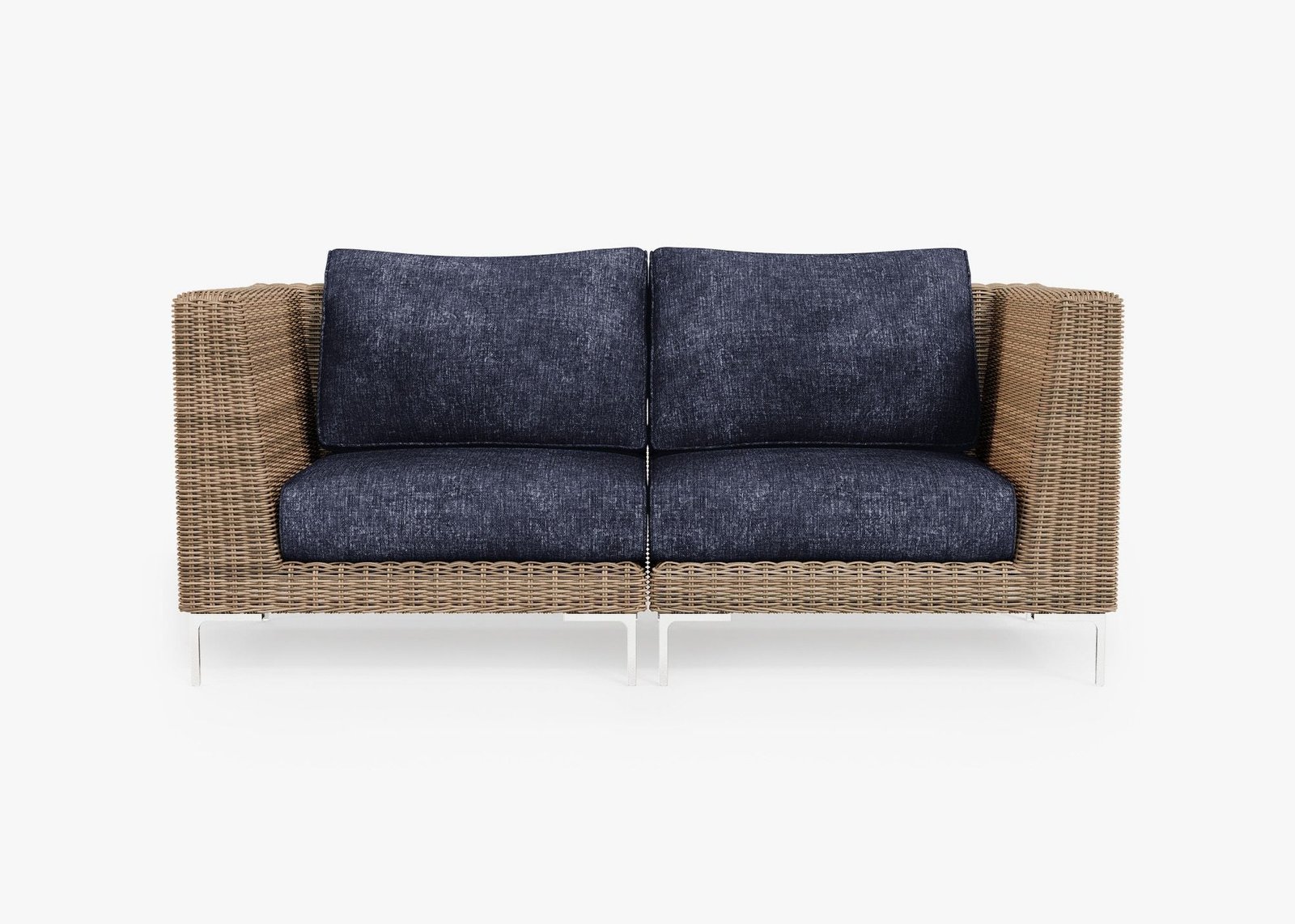 Brown Wicker Outdoor Loveseat, front. Comfortable, durable, and weather resistant outdoor seating with memory foam. #color_deep sea navy