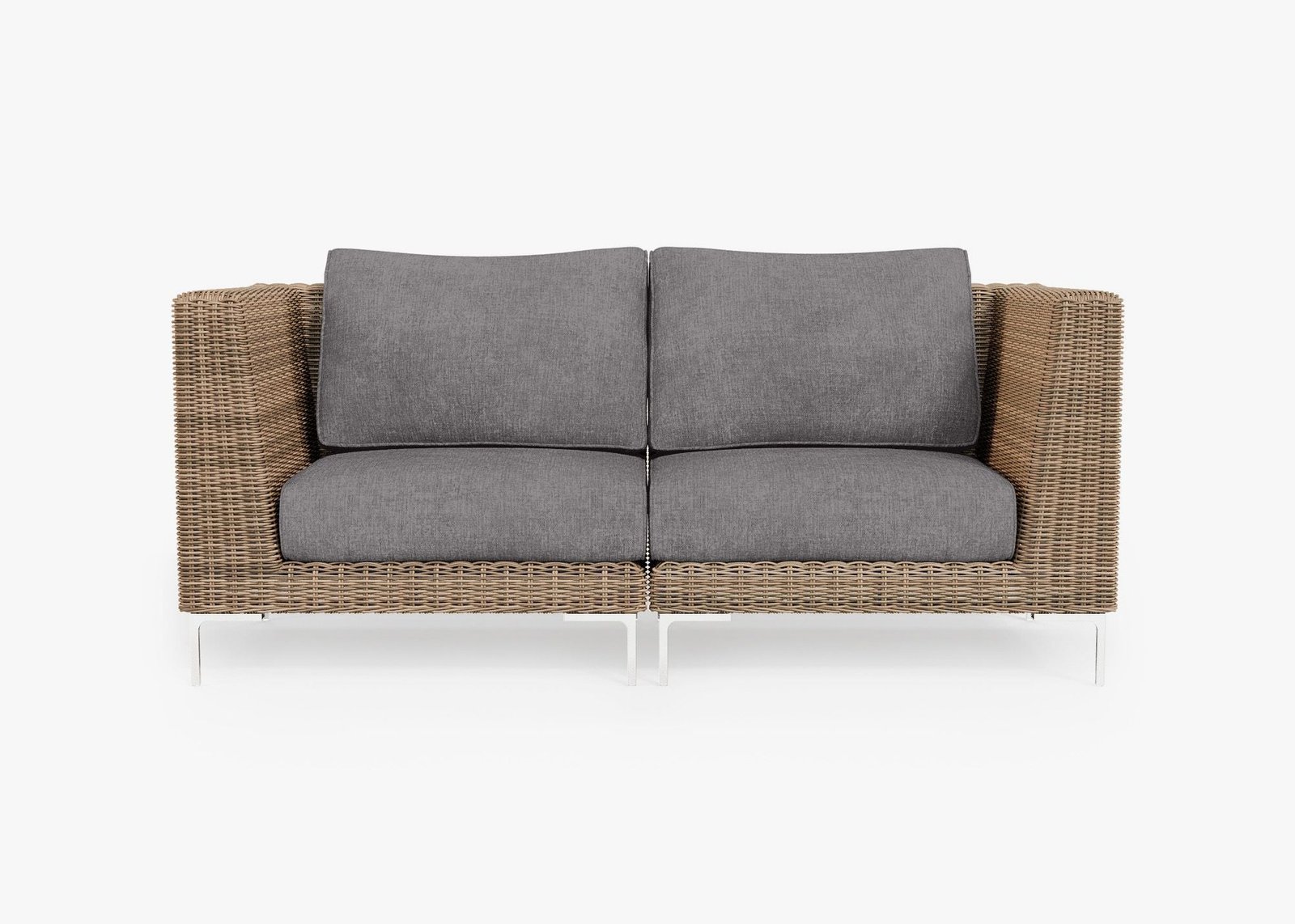 Brown Wicker Outdoor Loveseat, front. Comfortable, durable, and weather resistant outdoor seating with memory foam. #color_dark pebble gray