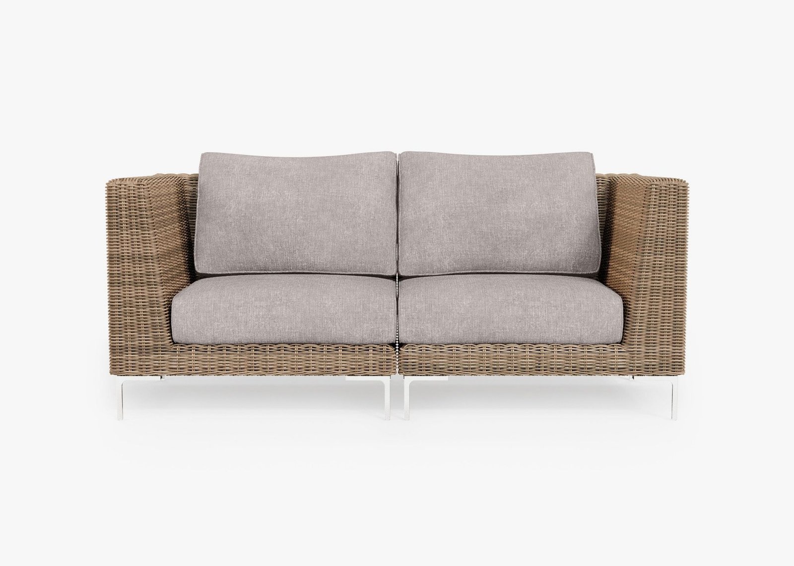 Brown Wicker Outdoor Loveseat, front. Comfortable, durable, and weather resistant outdoor seating with memory foam. #color_sandstone gray