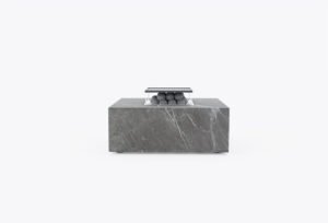 Large square stone outdoor fire pit with integrated cooking set and lava rocks 