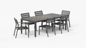 OuterStone Dining Table in Mineral Gray with 4 595 Armless Chairs and 2 595 Armchairs, 3/4 view. #color_mineral gray