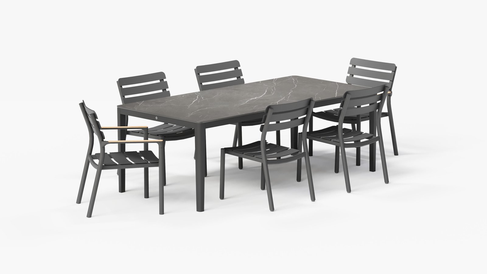 OuterStone Dining Table in Mineral Gray with 4 595 Armless Chairs and 2 595 Armchairs, 3/4 view. #color_mineral gray