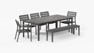 OuterStone Dining Table in Mineral Gray with 3 595 Armless Chairs, 2 595 Armchairs, and 1 bench, 3/4 view. #color_Mineral Gray