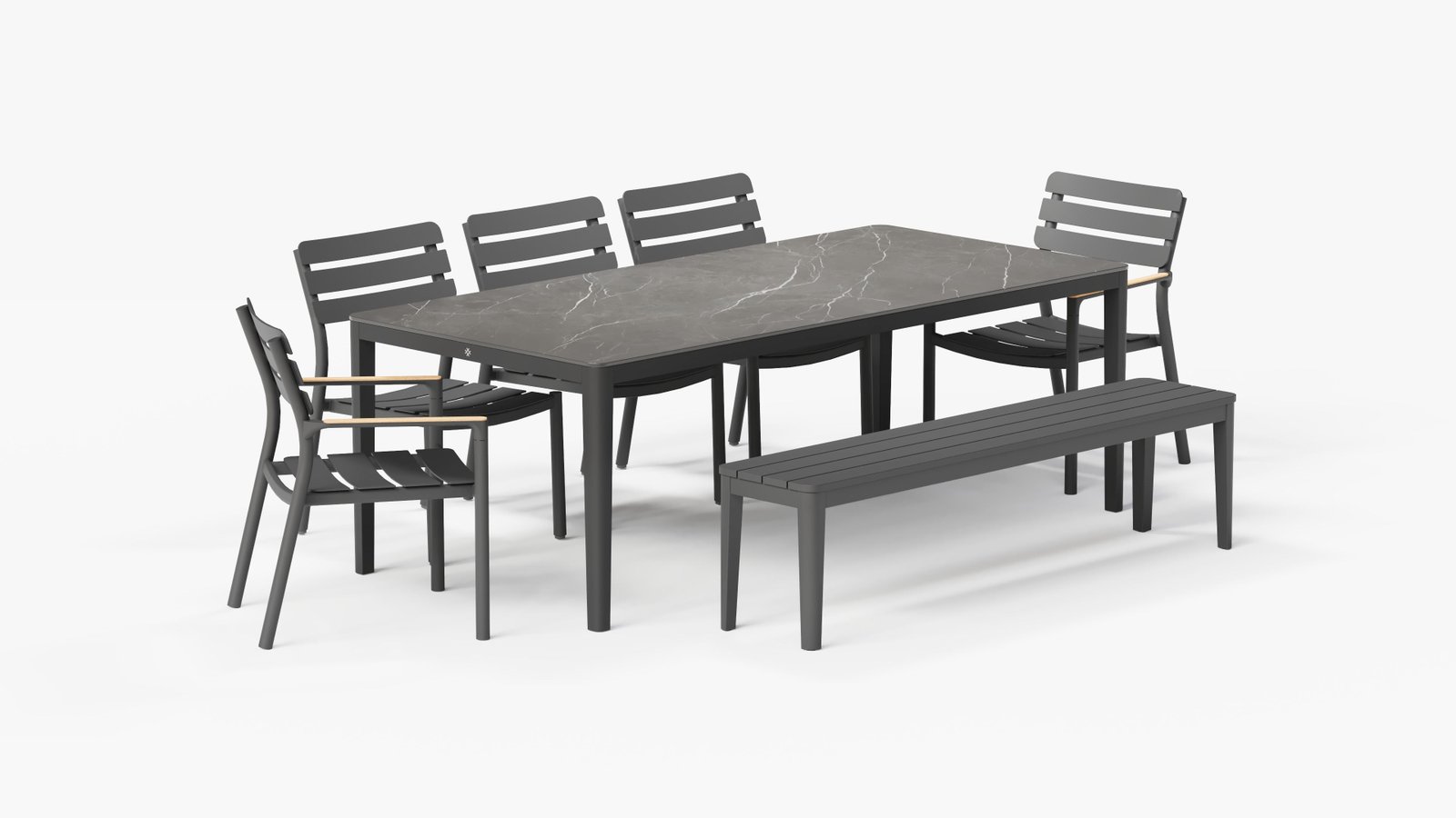 OuterStone Dining Table in Mineral Gray with 3 595 Armless Chairs, 2 595 Armchairs, and 1 bench, 3/4 view. #color_Mineral Gray