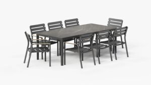outer-outdoor dining set-Mineral Gray OuterStone® dining table with eight 595 armless chairs arranged on a modern patio for outdoor entertaining #color_Mineral Gray