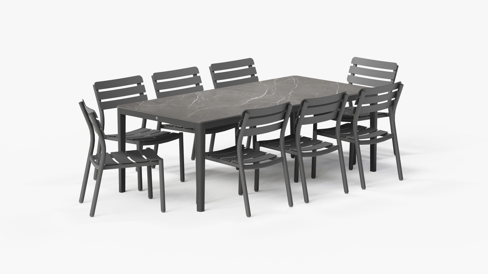 OuterStone Dining Table in Mineral Gray with 8 595 Armless Chairs, 3/4 view. #color_mineral gray