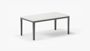 outer-dining table-Charcoal aluminum outdoor dining table with white marble-look sintered stone tabletop shown in a clean studio setting #color_glacier white