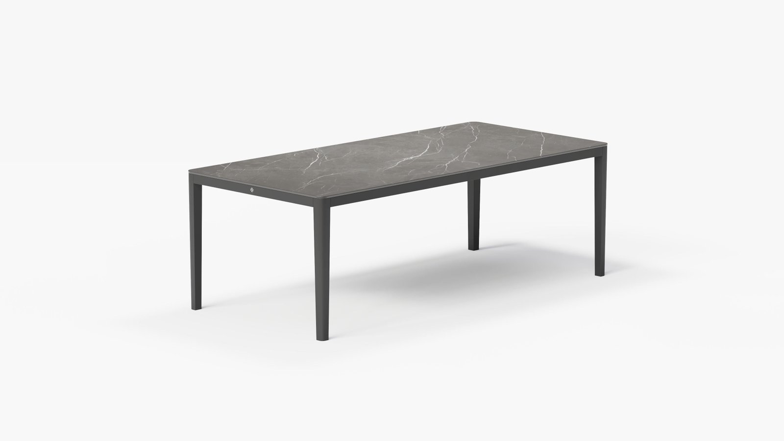 outer-dining table-Charcoal aluminum dining table with gray marble-look sintered stone tabletop shown in a clean studio setting#color_Mineral Gray