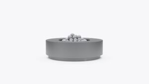 Outer round fire pit table in gray finish with lava rocks, front view
