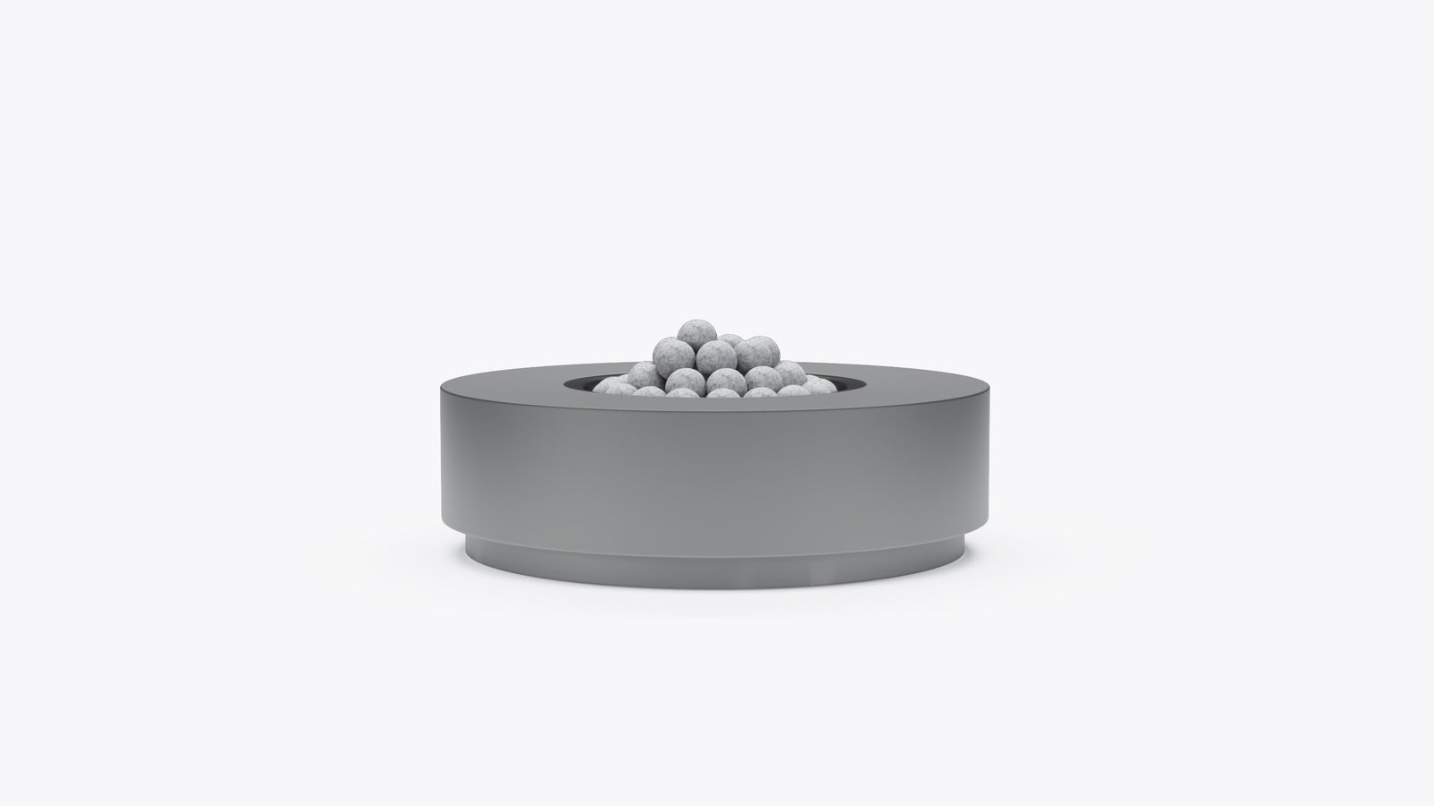 Outer round fire pit table in gray finish with lava rocks, front view