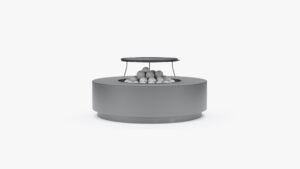 Outer round fire pit with grill grate and lava rocks, front view