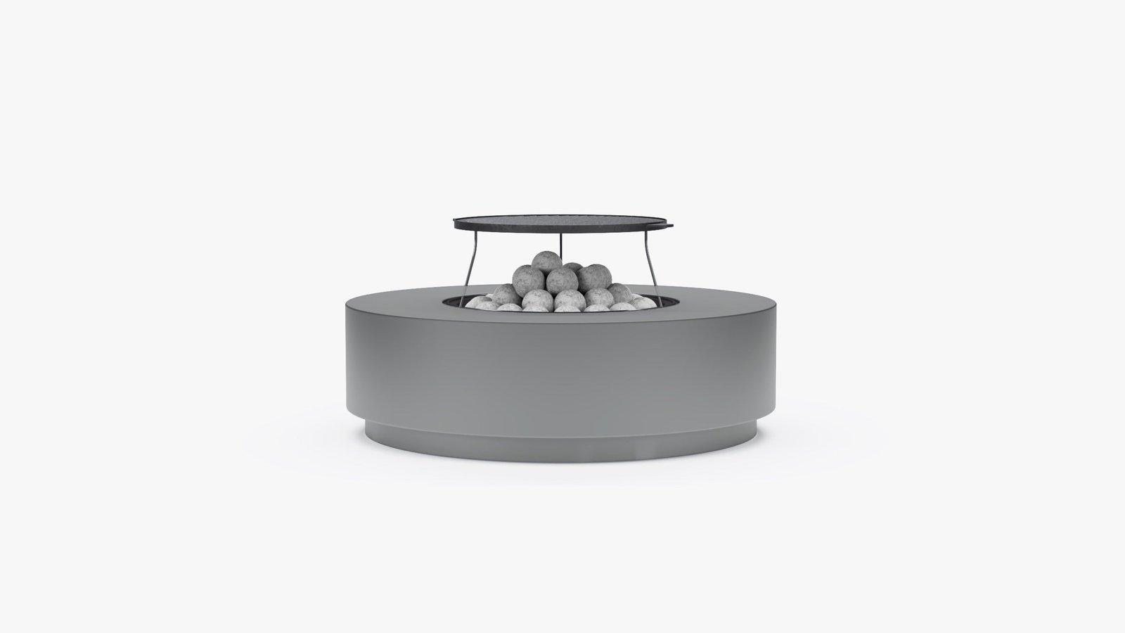 Outer round fire pit with grill grate and lava rocks, front view