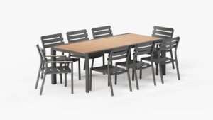 Teak + Aluminum Outdoor Expandable Dining Table + 6 595 Armless Chairs + 2 595 Armchairs