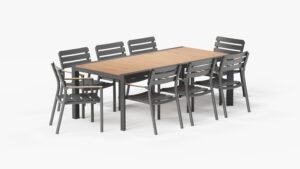 Teak + Aluminum Outdoor Expandable Dining Table + 8 595 Armchairs