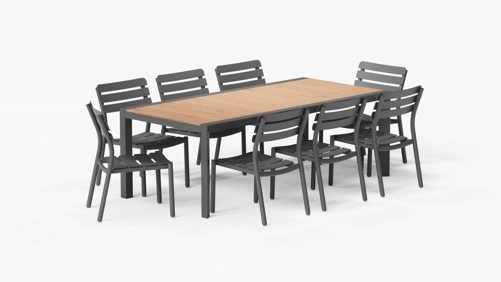 Teak + Aluminum Outdoor Expandable Dining Table + 8 595 Armless Chairs