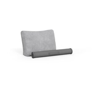 Gray wicker sectional back cushion shown with a rolled protective insert, displayed separately on a white background