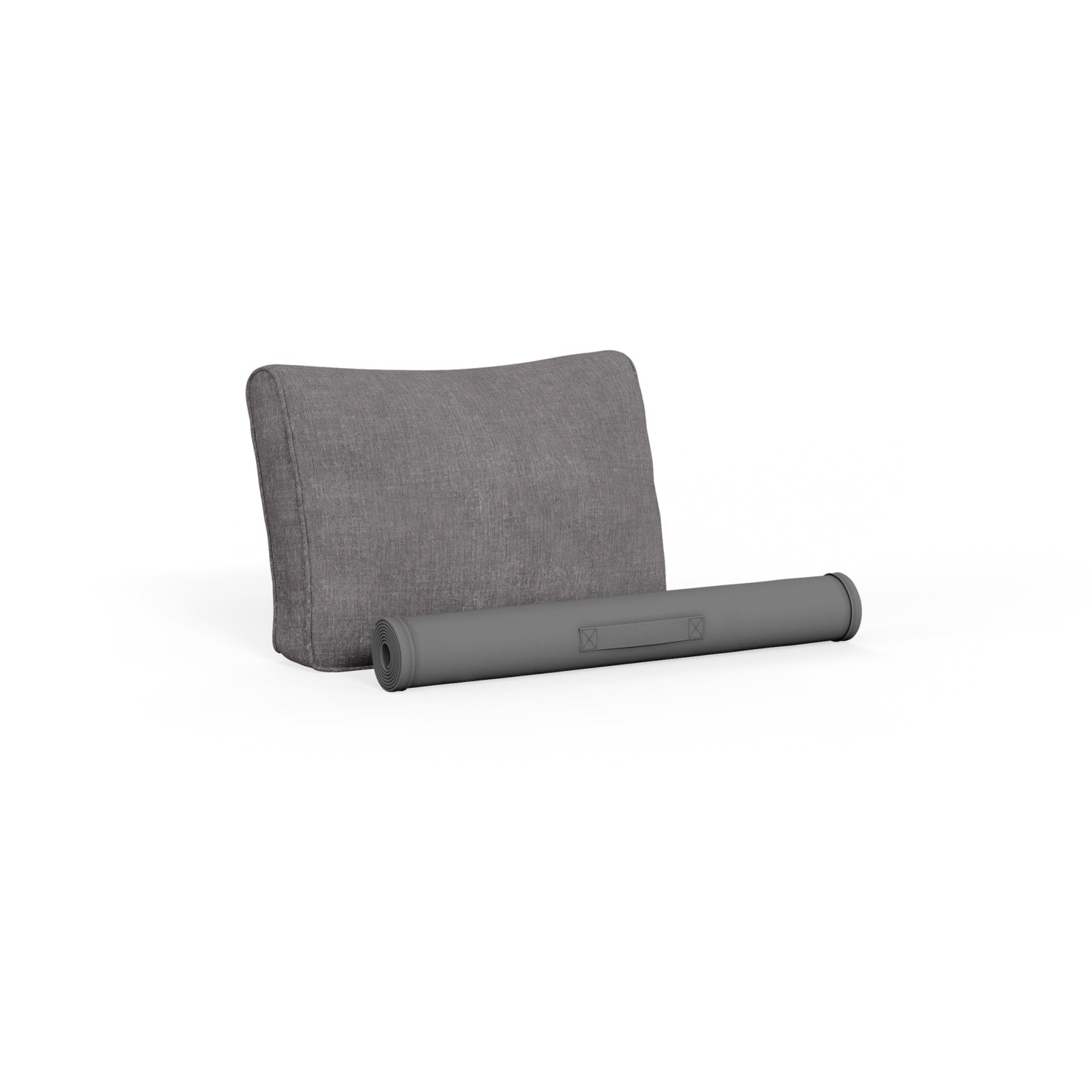 Pebble wicker sectional back cushion shown with a rolled protective insert, displayed separately on a white background