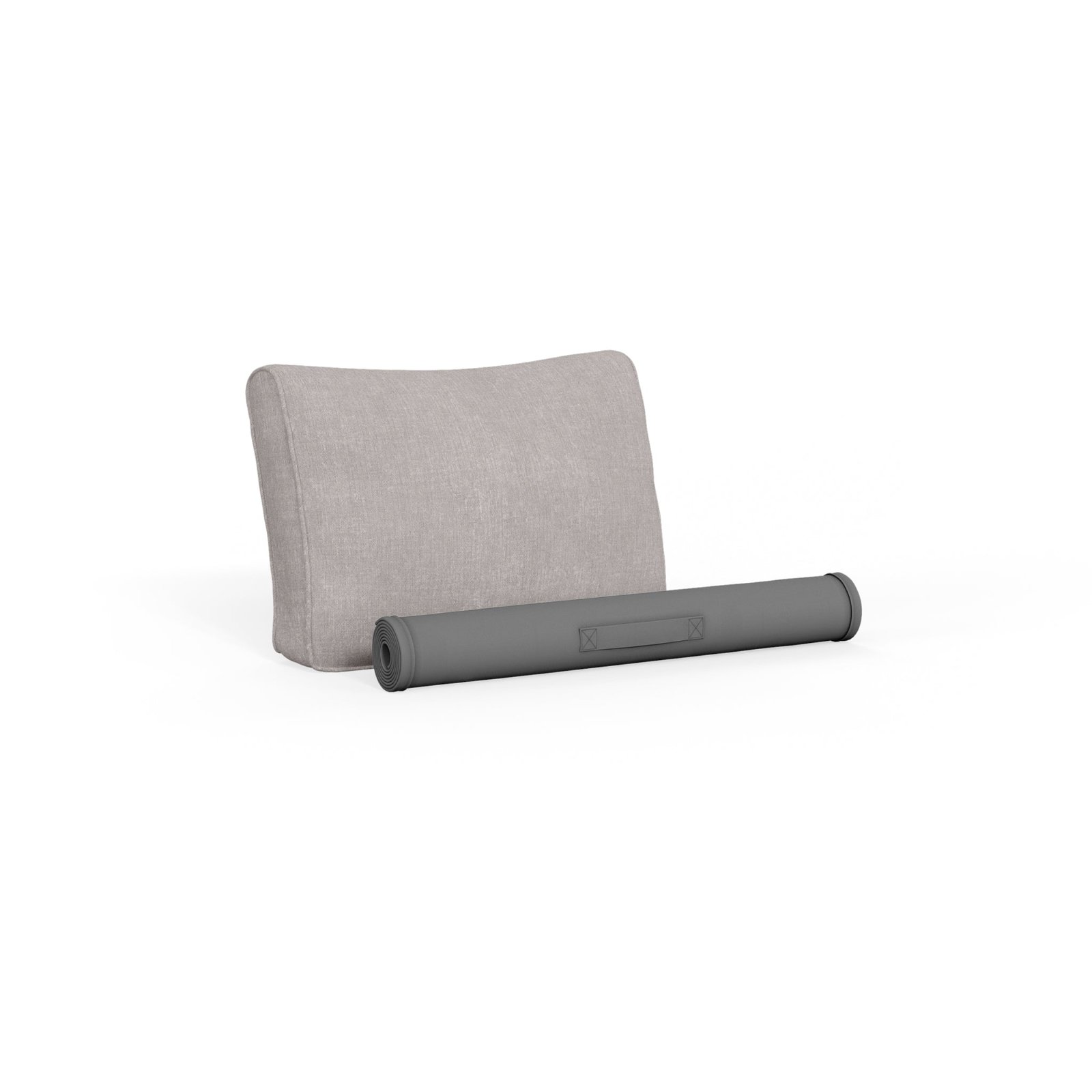 Stone wicker sectional back cushion shown with a rolled protective insert, displayed separately on a white background