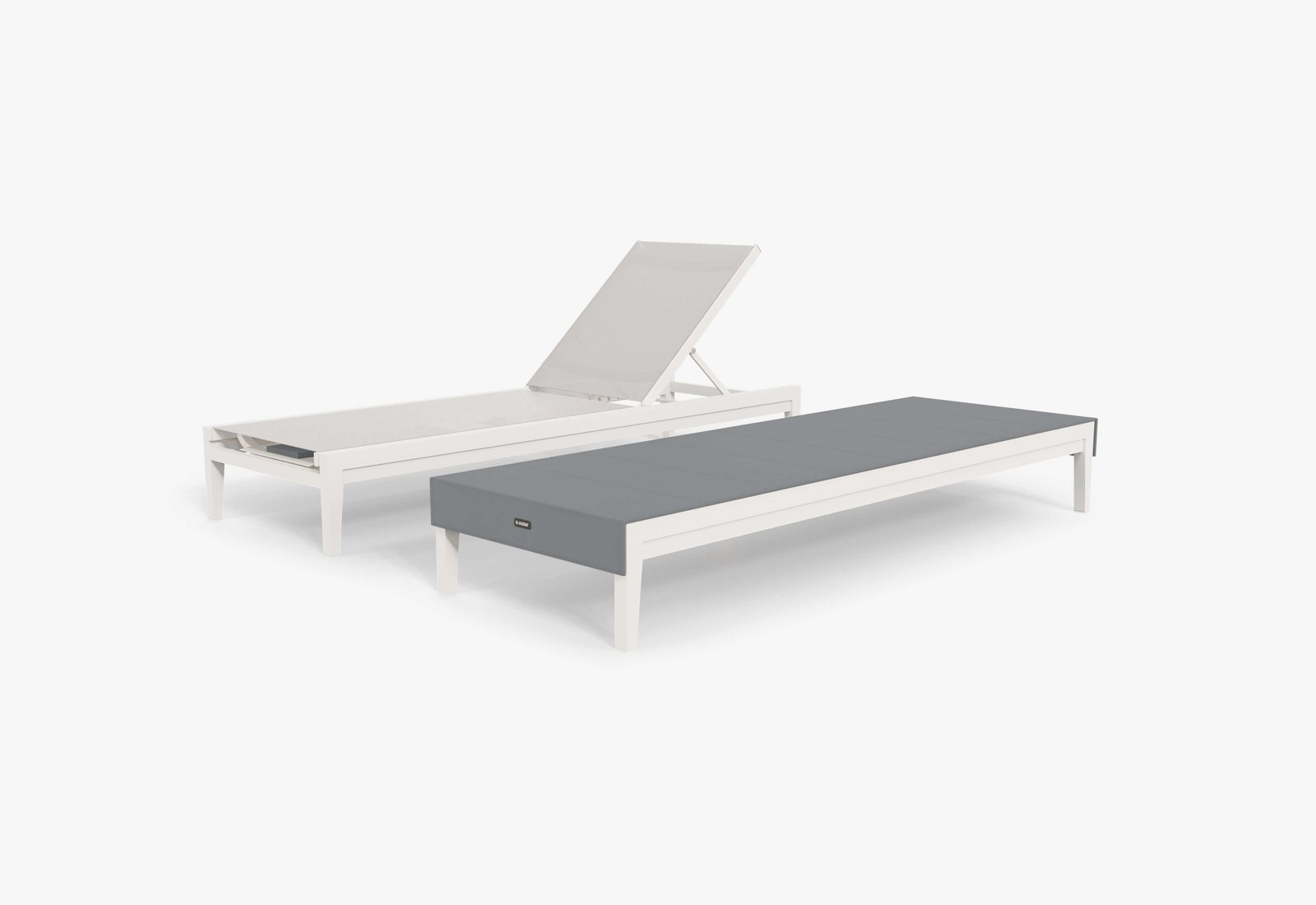 Two Charcoal Aluminum Chaise Lounges shown together, one with the OuterShell covering it. #color_white