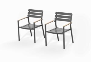 Angled view of two charcoal aluminum outdoor dining armchairs with wood-look armrests, shown as a pair on a white background