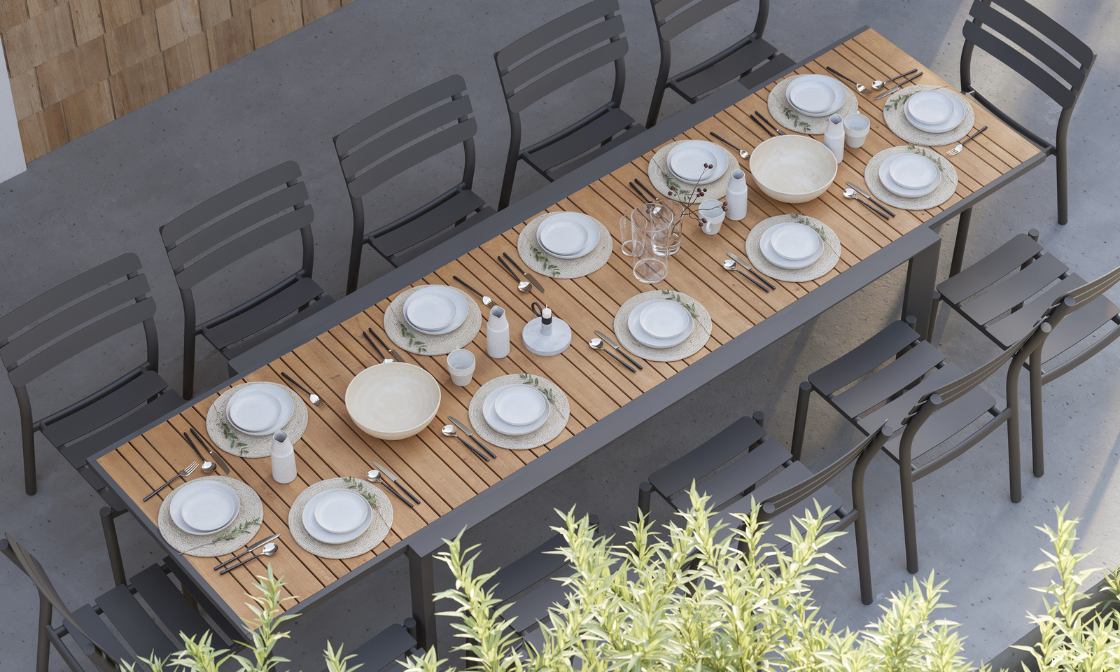 Teak + Aluminum Outdoor Expandable Dining Table + 12 595 Armless Chairs - Image 2