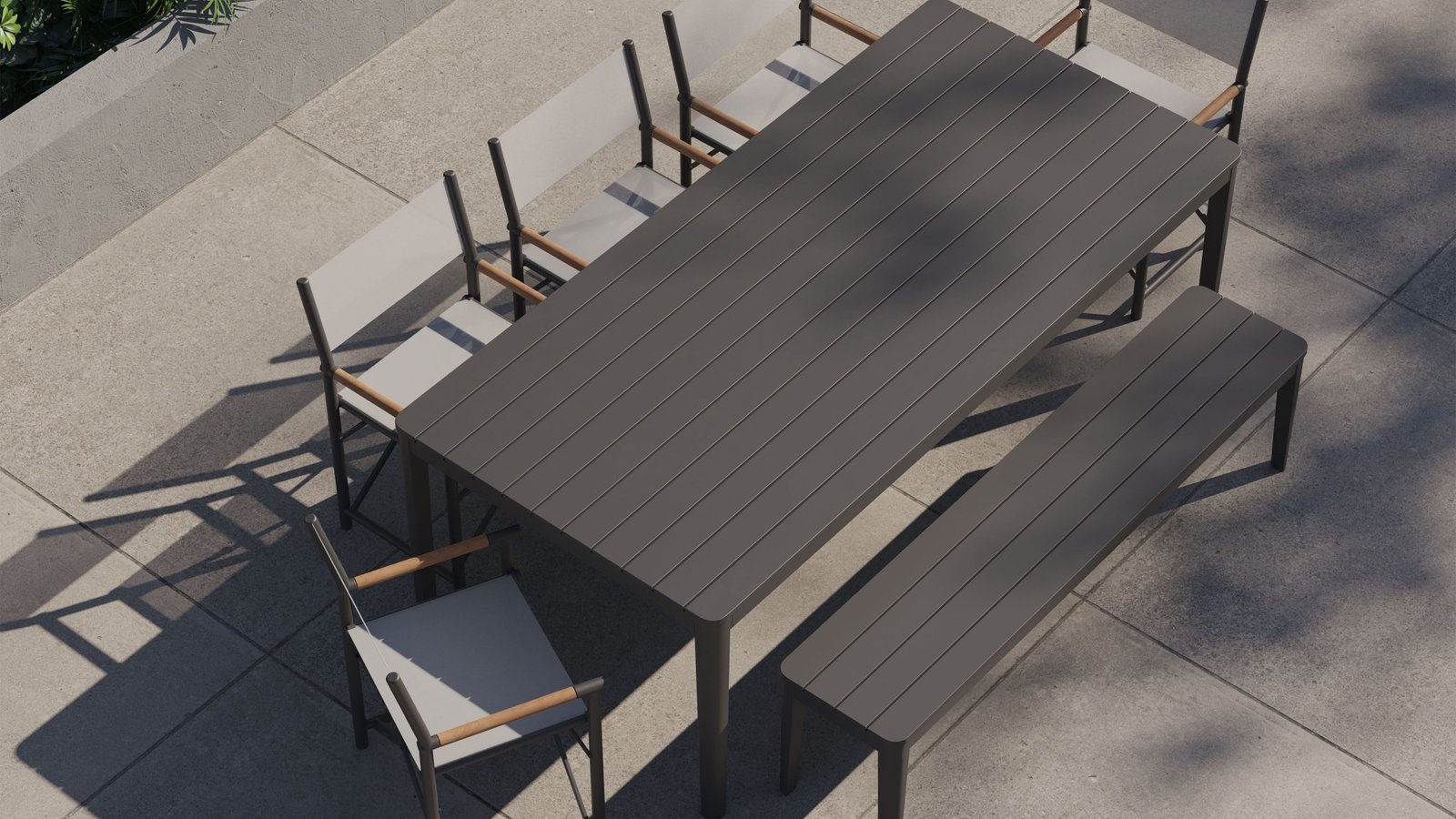 Aluminum Outdoor Rectangular Dining Table + 5 Aluminum Director's Chairs + Aluminum Dining Bench - Image 3