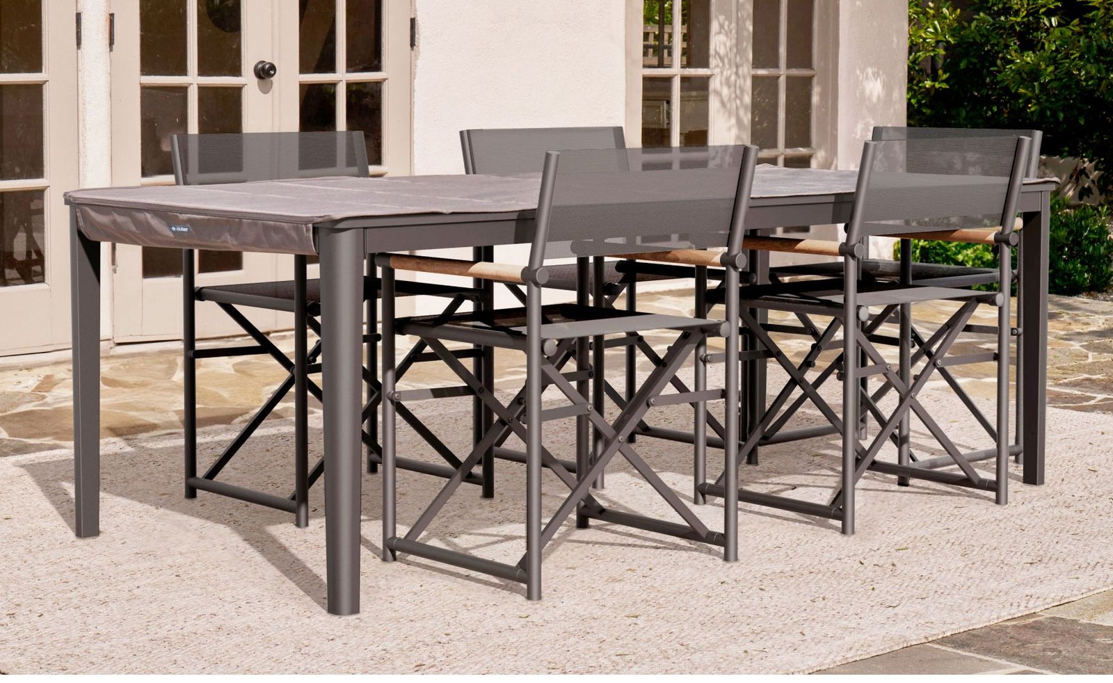 Aluminum Outdoor Rectangular Dining Table + 5 Aluminum Director's Chairs + Aluminum Dining Bench - Image 2