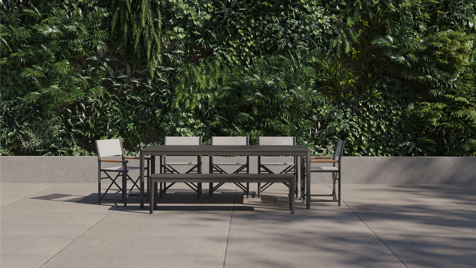 Aluminum Outdoor Rectangular Dining Table + 5 Aluminum Director's Chairs + Aluminum Dining Bench - Image 4